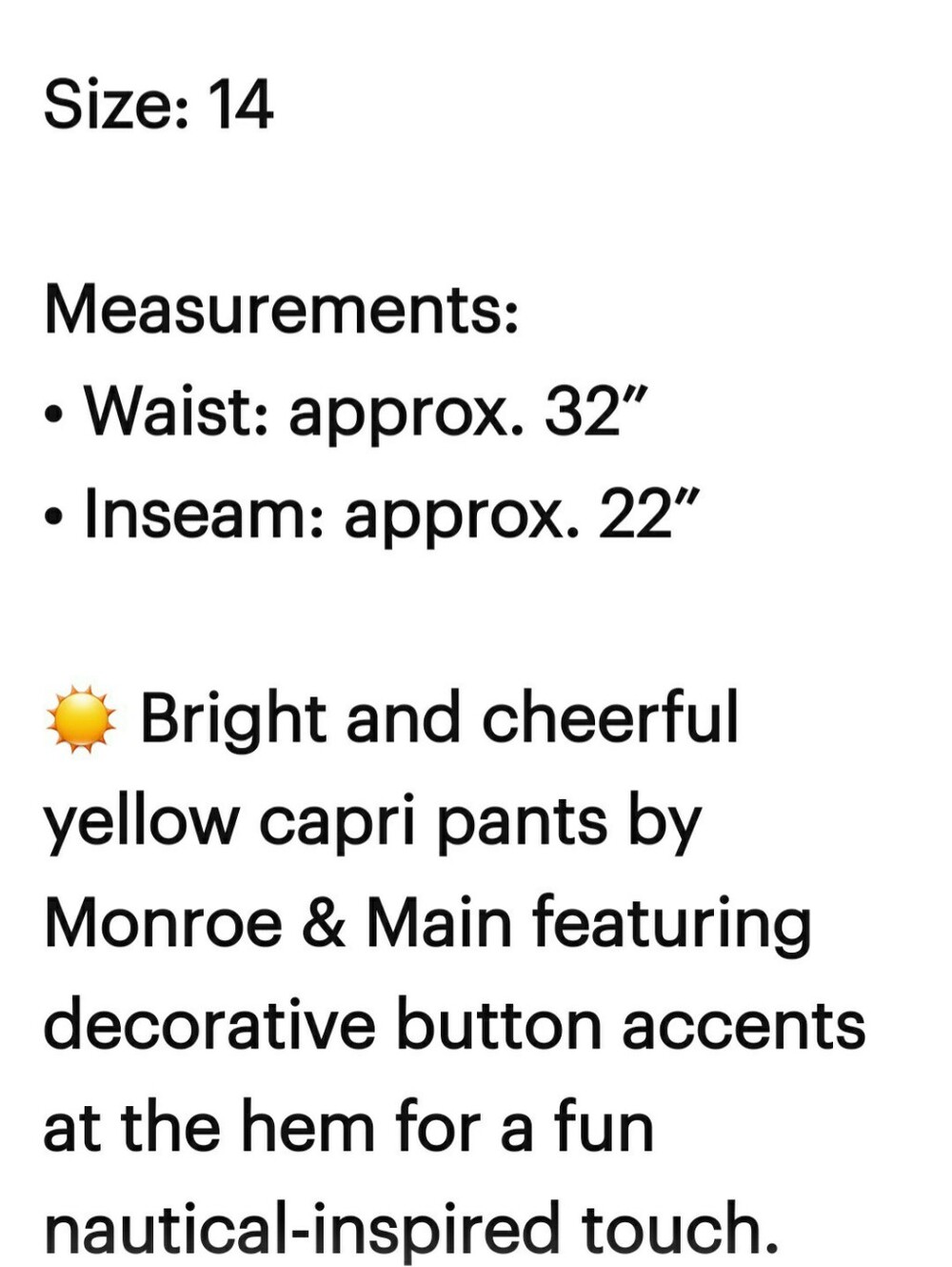 Monroe & Main Bright Yellow Capri Pants, Size 14 - Picture 8 of 8